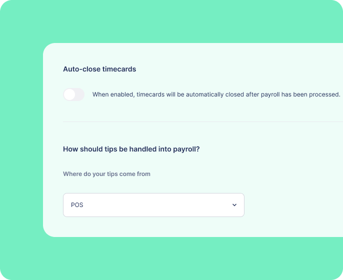 Payroll settings panel for auto-close timecards and tip handling