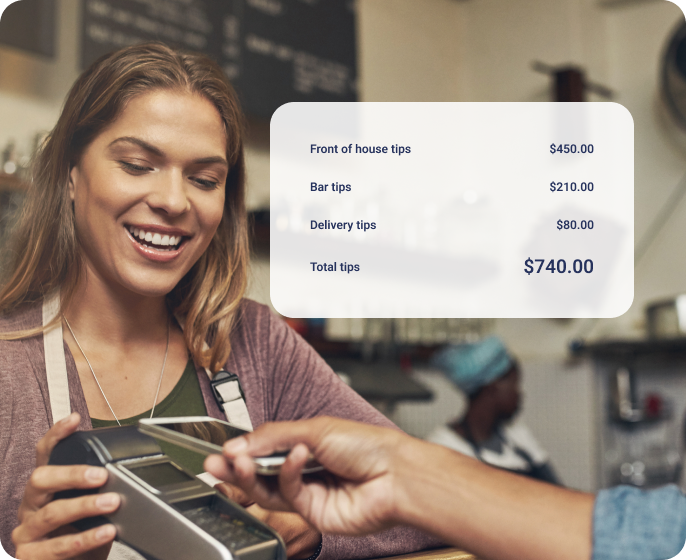 Restaurant tips summary showing front of house, bar, delivery, and total tips