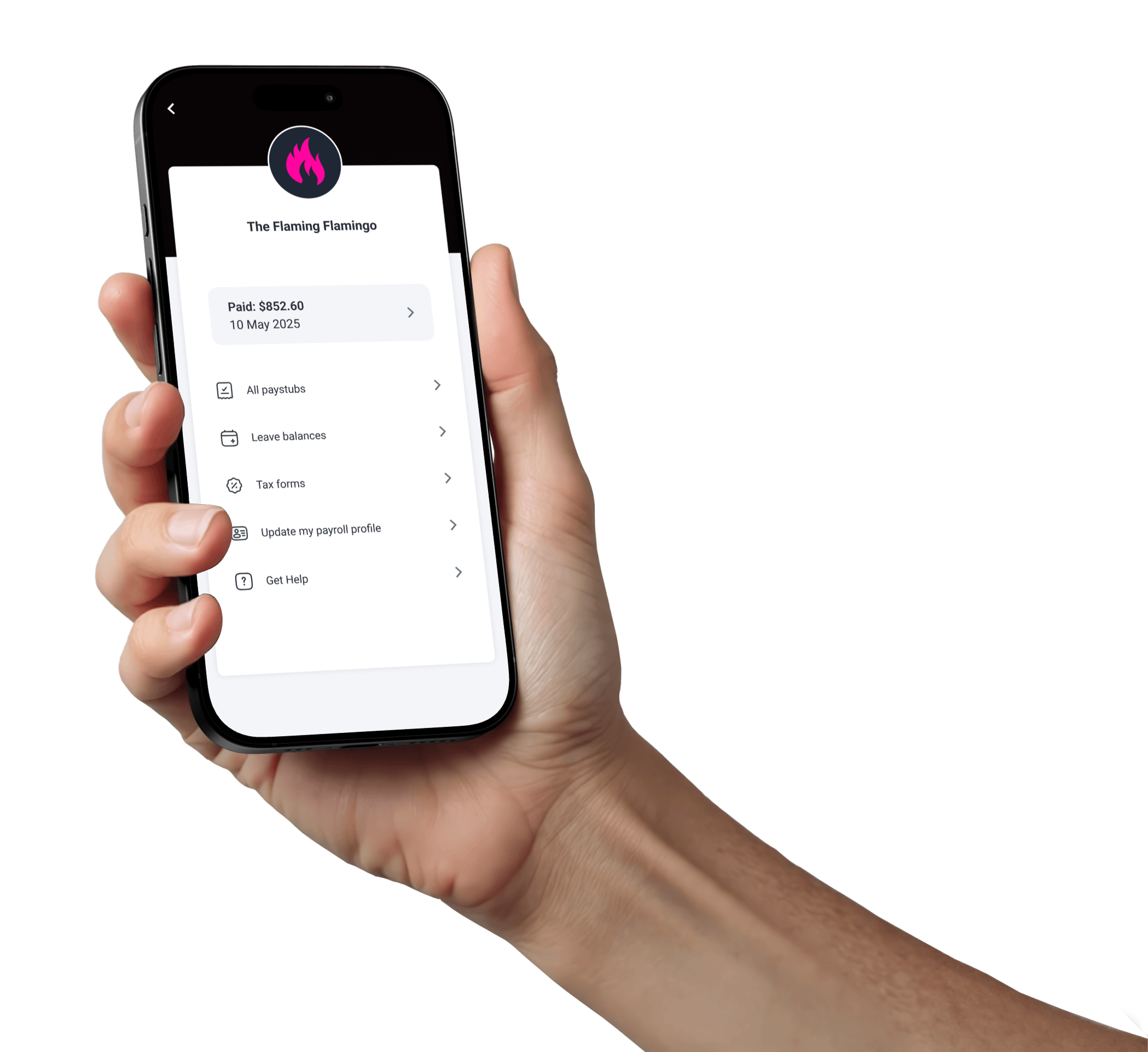 Hand holding a phone showing employee paystubs, leave balances, tax forms, and payroll profile links